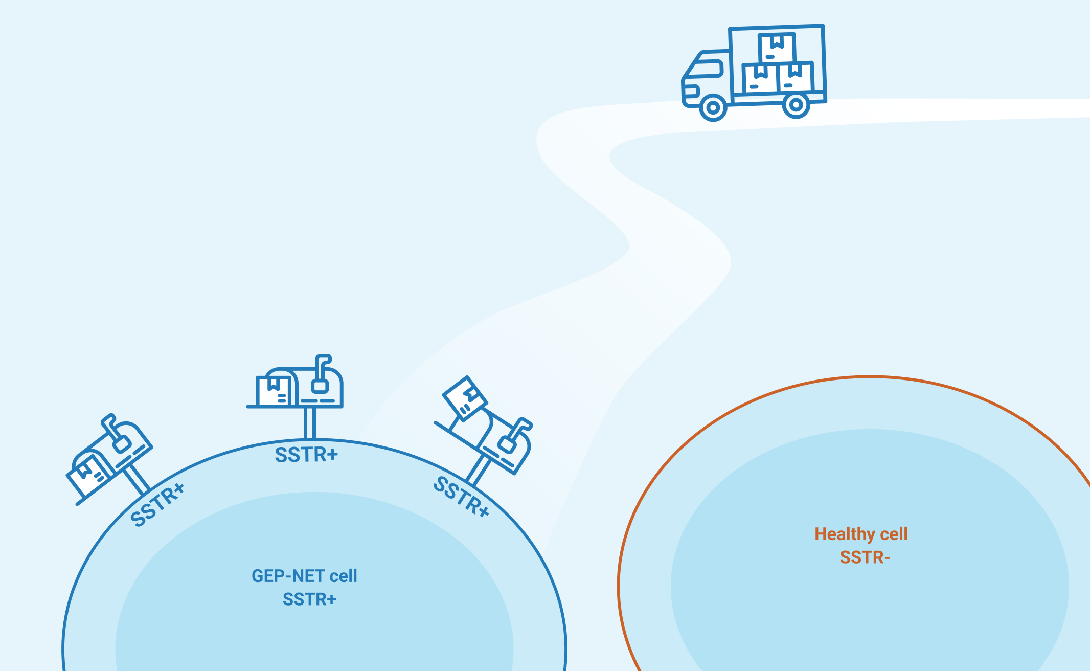 Illustration of BEXLUTRY mechanism of action, including delivery trucks (treatment) targeting SSTR+ mailboxes on GEP-NET cells.