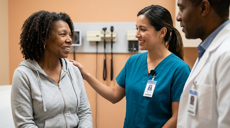 Doctor and a nurse talking to a patient with GEP-NETs about the BEXLUTRY dosing schedule and potential side effects.
