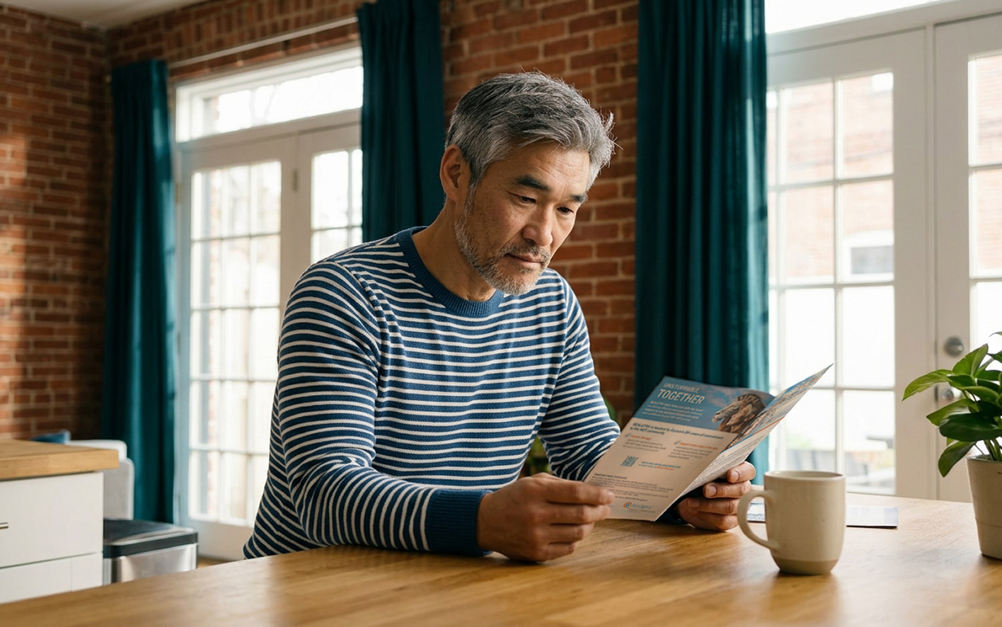 Patient with GEP-NETs reading a BEXLUTRY patient brochure.